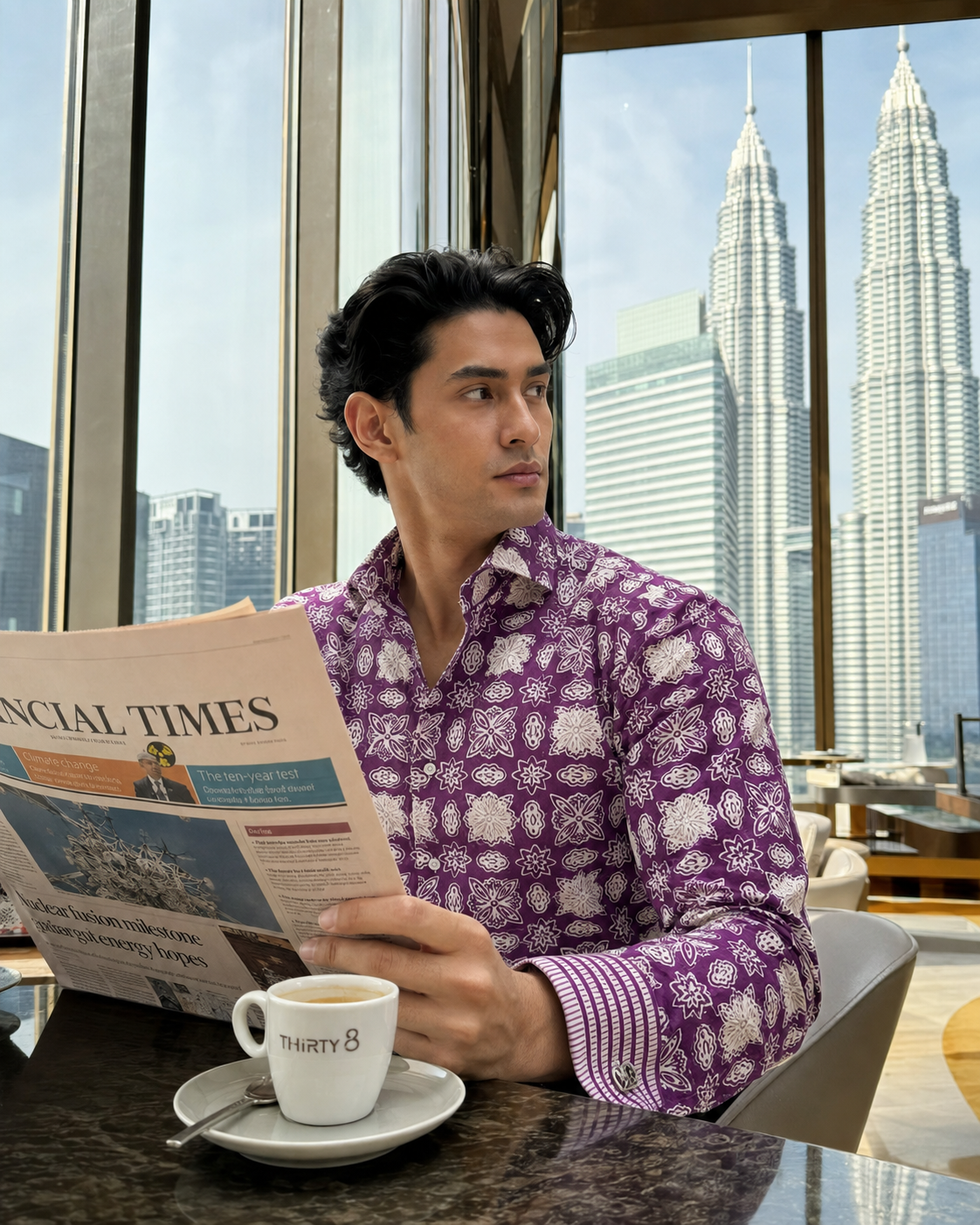 Akar long-sleeve shirt in regal purple, hand-stamped batik